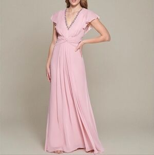 Eliza J Womens Gown Style Twist Waist Chiffon Flutter Sleeve Beaded Vneck Dress